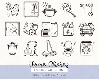 May include: A collection of 20 black and white hand-drawn line art icons depicting household chores, including a whisk, oven mitt, wardrobe, pot, duster, tools, window cleaner, dishes, kitchen appliances, groceries, car, trash can, vacuum, broom, toilet, and washer.