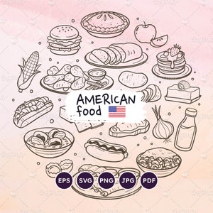 Clipart de comida estadounidense: 20 iconos dibujados a mano de platos e ingredientes tradicionales de EE. UU., ideales para proyectos culinarios. Archivos vectoriales.