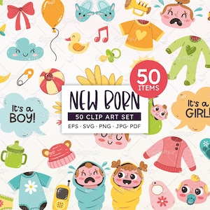 New Born Baby Clip Art: Hand-drawn Toys, Baby Clothes and Accessories (EPS, SVG, PNG)