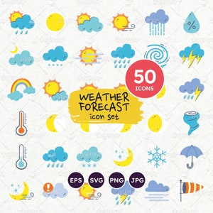 Iconos del tiempo, Iconos de pronóstico, Símbolos del tiempo, Cliparts del tiempo, Fases de la luna, Nublado, Soleado, Lluvia, Viento, Tormenta, Niebla, Vectores EPS, PNG, SVG