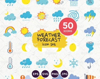 Weather Icons, Forecast Icons, Weather Symbols, Weather Cliparts, Moon phases, Cloudy, Sunny, Rain, Wind, Storm, Foggy, Vector EPS, PNG, SVG