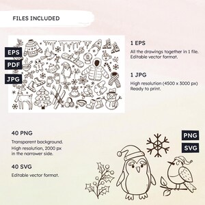 May include: A set of 40 black and white winter-themed illustrations, including a penguin, a bird, a snowflake, a Christmas tree, a snowman, and other winter-related objects. The illustrations are in a doodle style and are perfect for use in digital or printed projects.