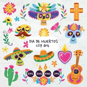 死の日のクリップアート、メキシコ死者の日セット、シュガー スカル、ハロウィーン、カトリーナ、メキシコ、カラカ、PNG、ベクター EPS、SVG