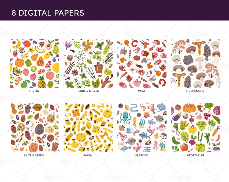 Food Digital Papers, 8 Food Ingredient Patterns, Fruits, Vegetables ...
