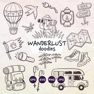 Ensemble de griffonnages Wanderlust, illustration de voyage, cliparts aventure, randonnée, camping, activités de plein air, vecteur EPS, fichiers SVG, PNG transparents