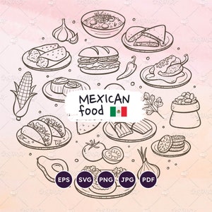 Mexicaans eten iconen. Typisch Mexicaans eten en ingrediënten. SVG-vectorkrabbels. Restaurantmenu clipart. Mexico keuken illustratie. EPS, png.