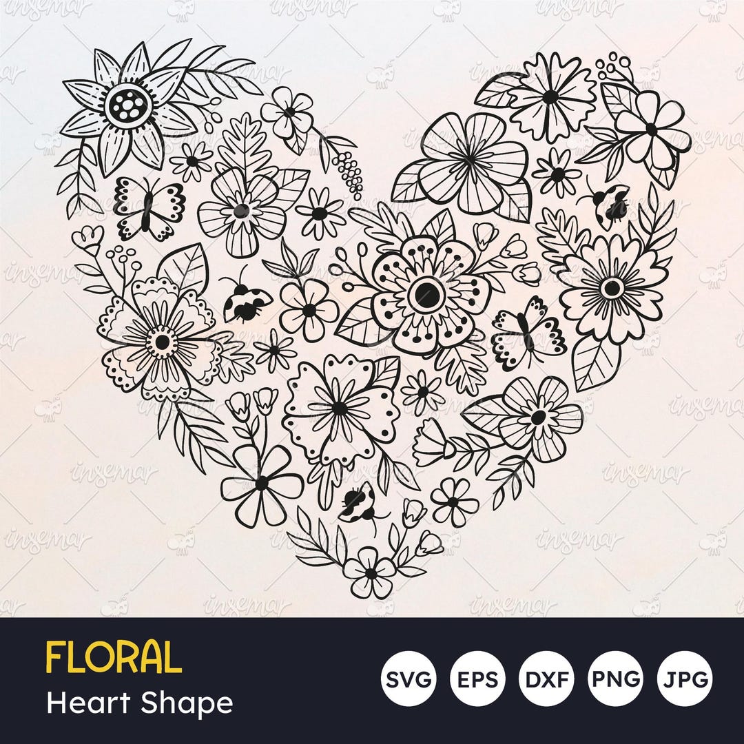 Floral SVG, Heart Shape Made of Flowers, Blooming Seasonal Design, EPS ...