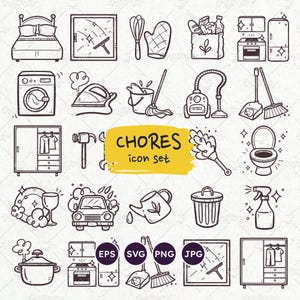 Hausaufgaben-Icon-Set, tägliche Routinen, Reinigung, Kochen, Wäsche, Hausarbeit, Vektor-EPS, SVG-Dateien, bearbeitbarer Vektor, transparenter PNG