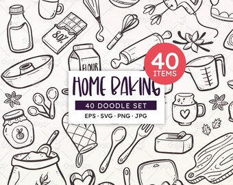 Baking Clipart Set: Kitchen Utensils, Home Baking Doodles (SVG, EPS, PNG) (Digital Download)