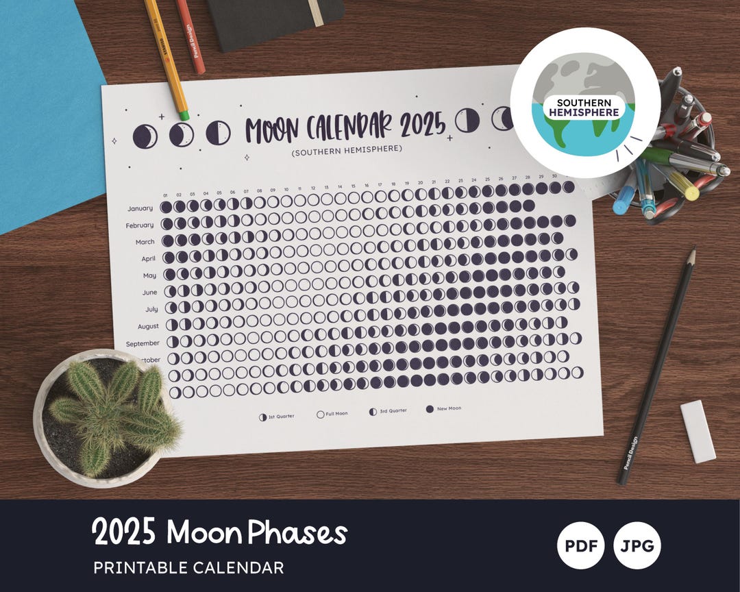 2025 Lunar Calendar, Moon Phases, Printable Lunar Year, Southern Hemisphere, One Year Sheet