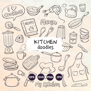Utensili da cucina Doodle SVG, Oggetti per la casa, Attrezzi da cucina, Set di clipart di cucina Doodle, Scritte da cucina, PNG trasparente, EPS vettoriale