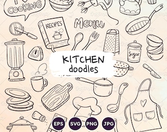 Kitchen Utensils Doodle SVG, Household Objects, Cooking Tools, Doodle Cooking Clip Art Set, Kitchen Lettering, Transparent PNG, Vector EPS