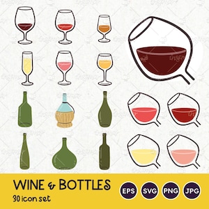 VINO SVG, Tipi di vino, Set di icone di bicchieri e bottiglie, Champagne, Rosa, Bevande, Set di icone del menu delle bevande, EPS vettoriali, svg, PNG trasparente