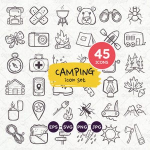 Icônes de camping - 45 icônes vectorielles de plein air et de randonnée dessinées à la main de style doodle pour les amateurs d'aventure et de nature. EPS, PNG transparents, SVG