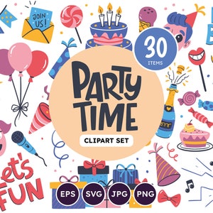 Party & Celebration Objects, Birthday Party Cliparts, Happy Birthday Lettering, Fun and Celebrate Clip Art Set, Vector SVG, EPS, PNG