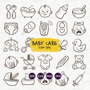 Conjunto de ícones de cuidados com o bebê, maternidade, berçário, alimentação do bebê, higiene, rastreamento de bebês, vida diária, arquivos EPS, SVG, vetor editável, PNG transparente