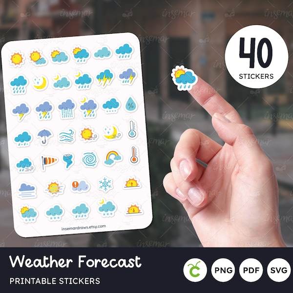 Weather Stickers, Printable Stickers, Weather Forecast Icons, Bullet Journal Stickers, Diary Stickers, Cricut Template, PNG, SVG, PDF