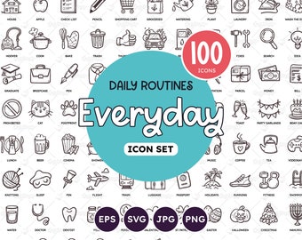 Everyday Icon Set, 100 Daily Life Icons, Daily Planner Doodle Icons, To-Do Clip Arts, Daily Chores, Wellness and Daily Care Icons, SVG, PNG