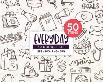 Everyday Doodle Clipart | Hand-Drawn Composition + 50 SVG Elements