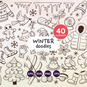 Winter doodle illustraties set, seizoensobjecten, koud weer illustratie, winter kleurplaat, EPS-vector, SVG-bestanden, transparante png