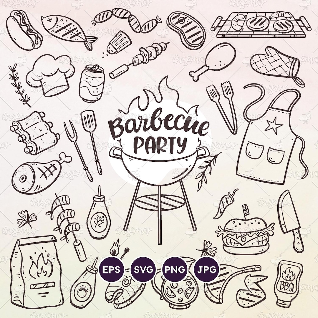 Barbecue Party Doodle Clipart, Line Art BBQ Grill Items. Vector Eps ...