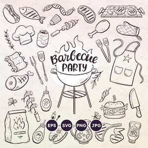 Könnte beinhalten: Schwarz-weiß-Linienzeichnung verschiedener Grillparty-Artikel, darunter ein Grill, Hotdogs, Fisch, Spieße, Burger, Rippchen, Hähnchen, Maiskolben, eine Kochmütze, eine Flasche Sauce, ein Spatel, Zangen, eine Schürze, ein Schneidebrett, ein Messer und eine Tüte Holzkohle. Der Text "Barbecue Party" ist in einer stilisierten Schrift geschrieben.