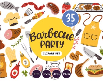 Grillparty Cliparts, Bbq Illustration, Grillparty Set, Picknick-Sammlung, Fleisch Zeichnung einzeln, Vektor-EPS, SVG-Dateien, transparente PNG