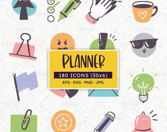 Planner Icons: Hand-drawn Journaling Stickers (EPS, SVG, PNG). 6 different colors