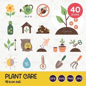Iconos de cuidado de plantas, conjunto de 40 iconos, necesidades y características de las plantas, plantas de interior, plantas de exterior, jardinería, archivos SVG, EPS vectoriales, PNG