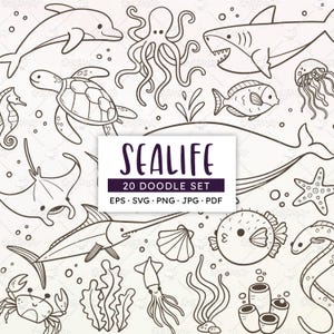 Peut inclure: Ensemble de gribouillis noir et blanc représentant diverses créatures marines, dont un dauphin, une pieuvre, un requin, une tortue et un poisson. L'image comprend le texte "SEALIFE 20 DOODLE SET".