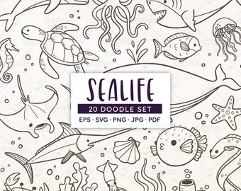 May include: A black and white doodle set featuring various sea creatures, including a dolphin, octopus, shark, turtle, and fish. The image includes the text "SEALIFE 20 DOODLE SET" and file type information.