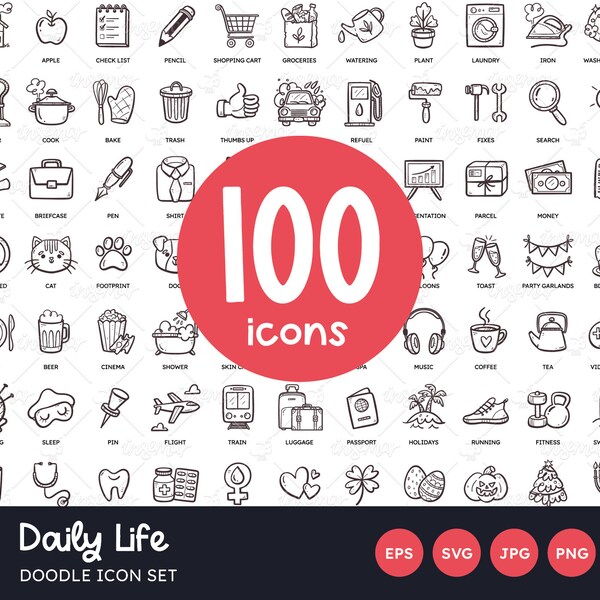 Everyday Icon Set, 100 Daily Life Icons, Daily Planner Doodle Icons, To-Do Clip Arts, Daily Chores, Wellness and Daily Care Icons, SVG, PNG