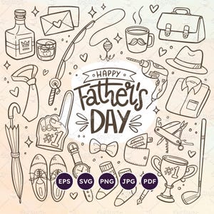 Vatertag Doodle SVG, 20 Geschenkideen für Männer, Clipart-Set zum Vatertag, handgezeichnete Malseite, Linie Kunst, transparentes PNG, Vektor-EPS