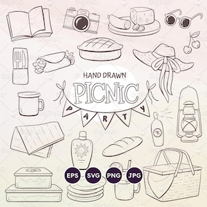 Picknick Essentials, Picknick Party Doodle Clipart, Bullet Journal Elemente, Outdoor-Aktivitäten, Doodle Cliparts, Picknick Objekte, SVG, EPS, PNG