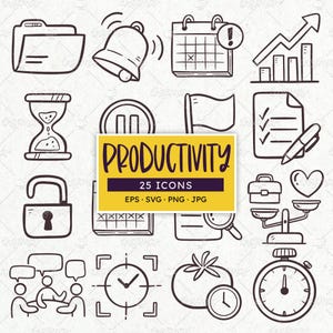 Productivity Icons SVG Bundle | Hand Drawn Planner Icons PNG EPS for Journals & Apps