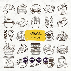 Conjunto de ícones de refeição, ícones de comida e culinária, ícones de fast food, sobremesa, ícones de café da manhã, comida saudável, EPS, SVG, vetor editável, PNG transparente