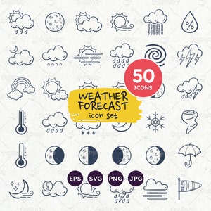 Iconos del tiempo, iconos de doodle de pronóstico del tiempo, símbolo de nube, fases lunares, conjunto de imágenes prediseñadas de pronóstico del tiempo, vectores EPS, SVG, PNG transparente