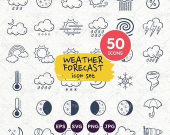 Weather Icons, Weather Forecast Doodle Icons, Cloud Symbol, Moon phases, Weather Forecast Clipart Set,  Vector EPS, SVG, Transparent PNG