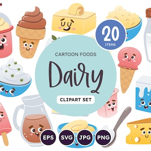 Dairy Cartoon Clipart Set. 20 cute elements, perfect for crafting and scrapbooking