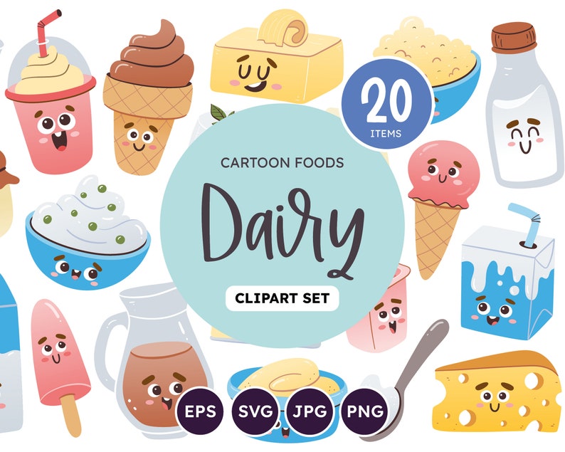 Dairy Cartoon Clipart Set. 20 cute elements, perfect for crafting and scrapbooking