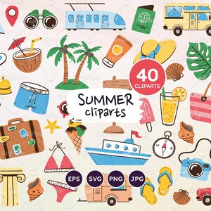 Conjunto de imágenes prediseñadas de verano: divertidas imágenes prediseñadas de vacaciones tropicales para diseño digital, agendas y regalos para fiestas de verano. Vectores EPS, SVG, PNG transparente.