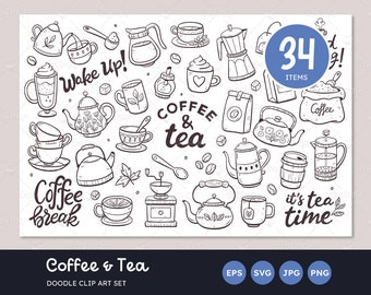 Coffee & Tea Doodle Set, Coffee Cups, Teapots, Café, Coffee Lettering, Decorative Doodles, Sketcking Drawing, SVG files, PNG, Vector EPS