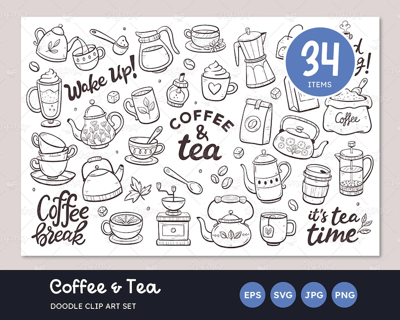Coffee & Tea Doodle Set, Coffee Cups, Teapots, Café, Coffee Lettering, Decorative Doodles, Sketcking Drawing, SVG files, PNG, Vector EPS