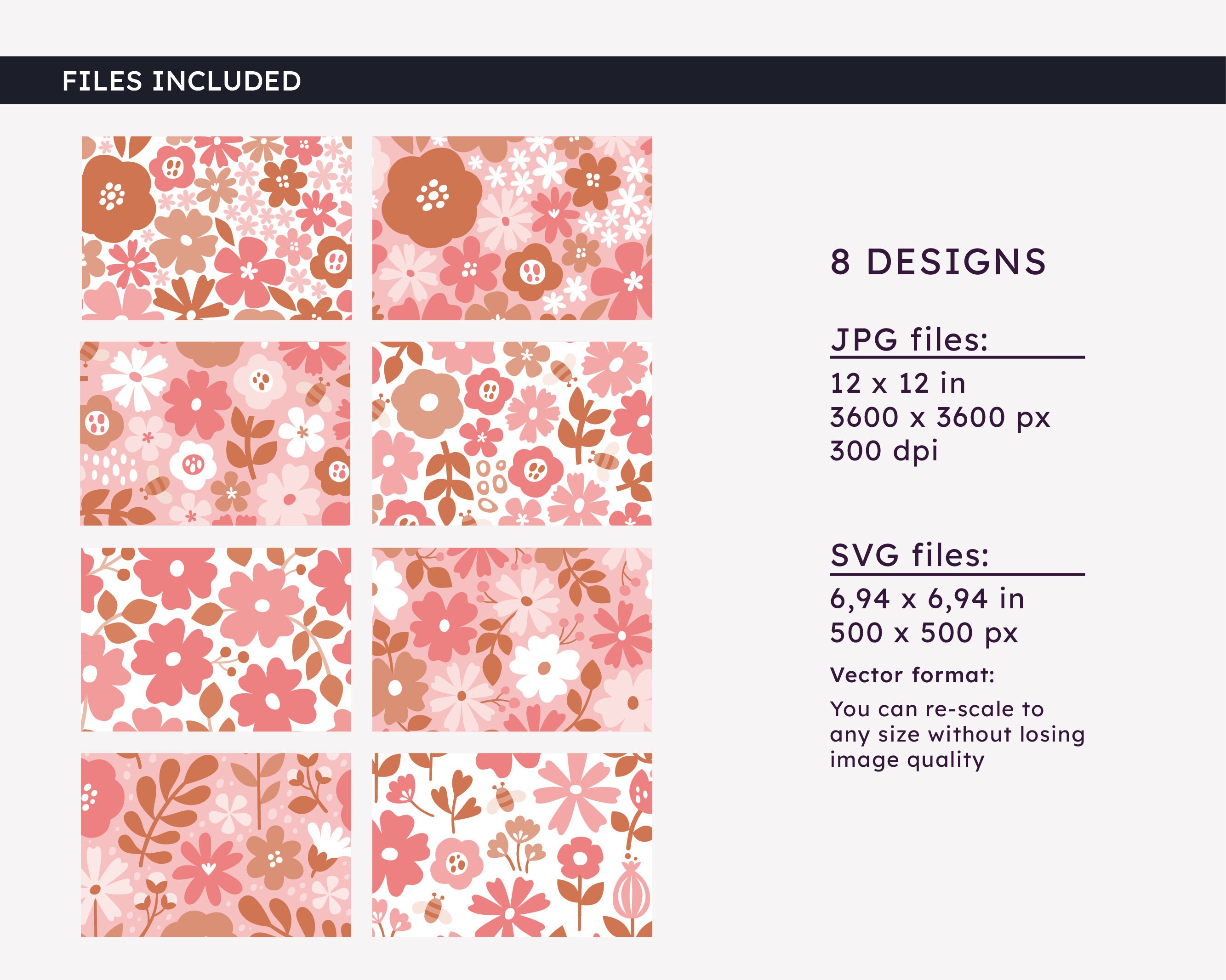 FLORAL SVG Pattern, Pink Floral Digital Papers, 8 Seamless Patterns ...
