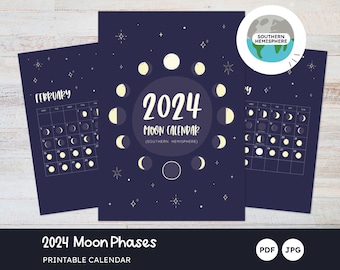 2024 Moon Calendar Printable, Moon Phases Southern Hemisphere, One Month per Sheet, Monday & Sunday Start Week, US Letter, Din A4, PDF, JPG