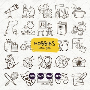 Hobby-Symbole, Basteln, Outdoor-Aktivitäten, Unterhaltung, Spaß, Musik, Videospiele, Alltag, EPS, SVG, bearbeitbarer Vektor, transparenter PNG