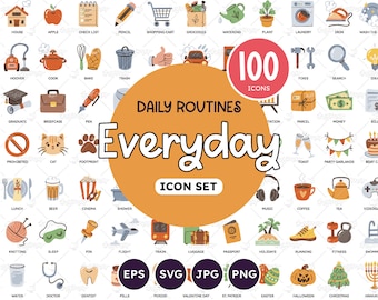 Everyday Icon Set, 100 Daily Life Icons, Daily Planner Icons, To-Do Clip Arts, Daily Chores, Wellness and Daily Care Icons, Vector SVG, PNG