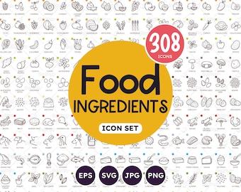 Food Doodle Icons, Cooking Ingredients, Fruits, Vegetables, Cereals, Meat, Seafood, Herbs, Mushrooms, Legumes, Dairy, Pasta, Nuts, SVG files