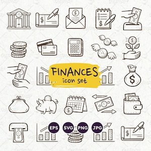 Set di icone di finanza, icona di denaro, disegno lineare, contanti, icona di citazione, icona di banca, risparmi, carta di credito, file EPS, SVG, vettore modificabile, PNG trasparente