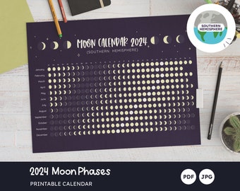 2024 Moon Calendar Printable, Lunar Calendar, Moon Phases Southern Hemisphere, One Year Sheet, Tabloid, Din A3, Letter, Din A4, PDF, JPG